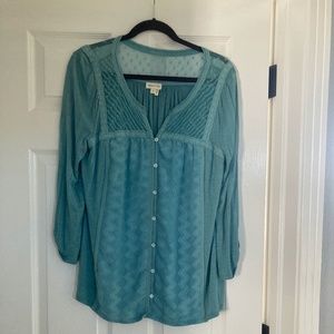 Anthropologie Meadow Rue Embroidered Teal Blue Long Sleeve Top XL